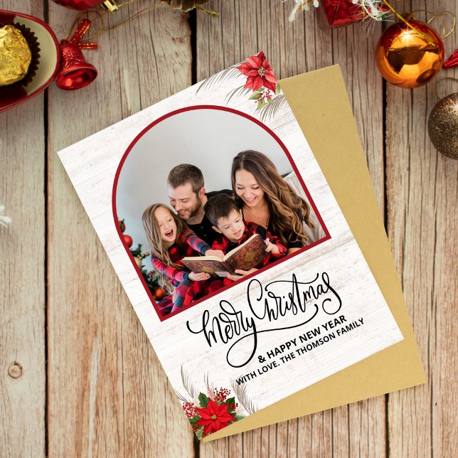 Cartão Arch que Ano em Revisão Fotos Feliz Natal (rustic christmas cards family photo botanical holly country wood farmhouse)