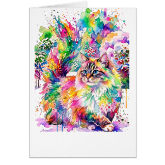 Cartão Arco-íris Caprichoso de Aquarela Gato Fofo no Inve
