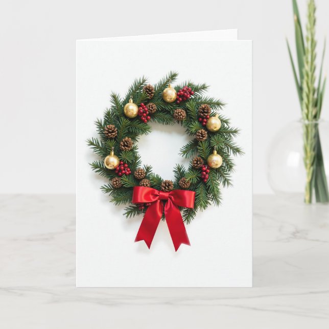 Cartão Arco Vermelho Clássico da Wreath de Natal e Dourad (Frente)