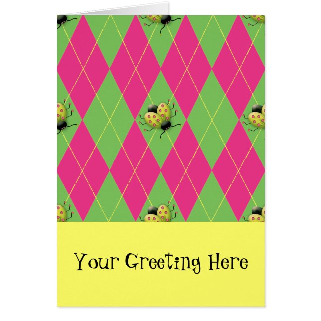 Cartão Argyle Ladybug Rosa & Verde (Frente)