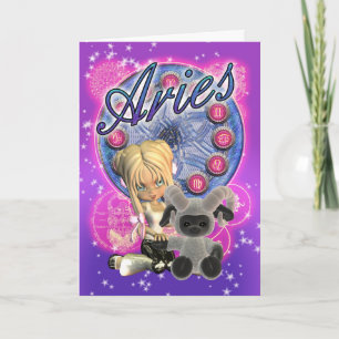 Cartão Aries Zodiac Cute Card With Female And Ram