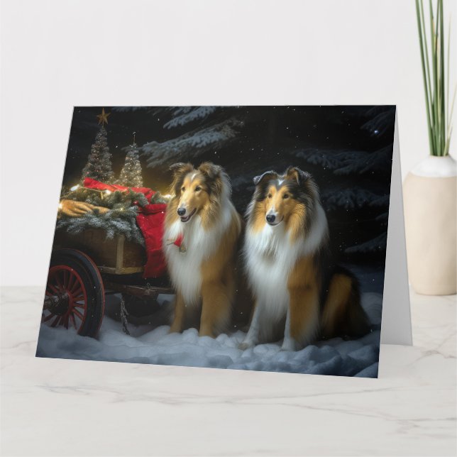 Cartão Arranjo de Natal de Collie Snowy Sleigh (Frente)