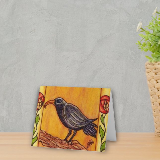 Cartão Art Deco Crow Notecard (Black crow on branch red abstract flowers on golden yellow notecards.)