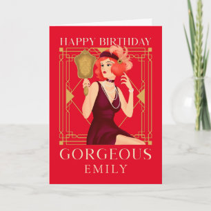 Cartão Art Deco Feliz Aniversário Garganta Lady Mirror R