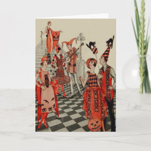 Cartão Art Deco Halloween Party Black Cat Bat