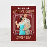 Cartão Art Deco Happy Anniversary Names Any Year Burgundy<br><div class="desc">Send stylish anniversary wishes with a roaring 1920s era Art Deco illustration of a romantic couple in glam clothing. Typography Happy Anniversary is in set typography at the top, and easily personalise with the happy couple’s names at the bottom and your message inside. You can also change the burgundy background...</div>