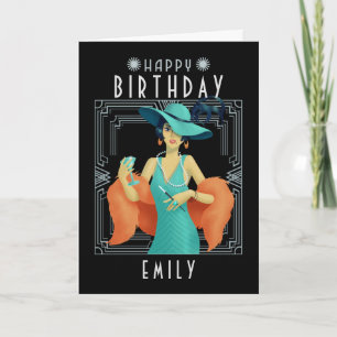 Cartão Art Deco Happy Birthday Name Twenties Female Black
