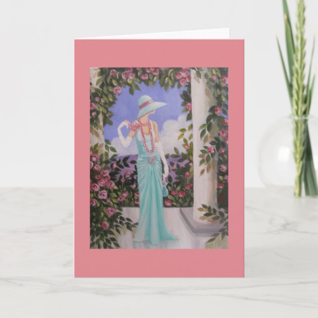 Cartão Art Deco, Lady in a garden, note card (Frente)