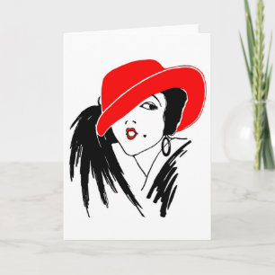 Cartão Art Deco Linda Mulher Red Hat