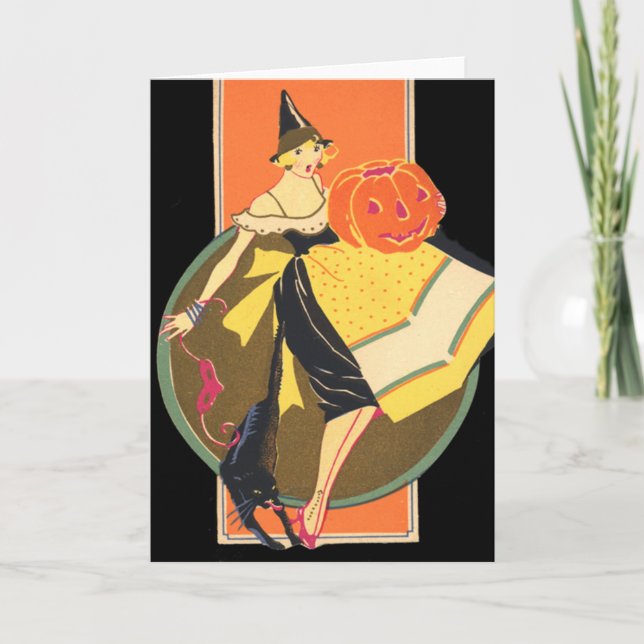 Cartão Art Deco Witch Jack O Lantern Pumpkin Black Cat (Frente)