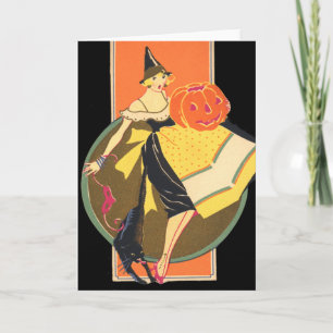 Cartão Art Deco Witch Jack O Lantern Pumpkin Black Cat