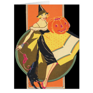 Cartão Art Deco Witch Jack O Lantern Pumpkin Black Cat