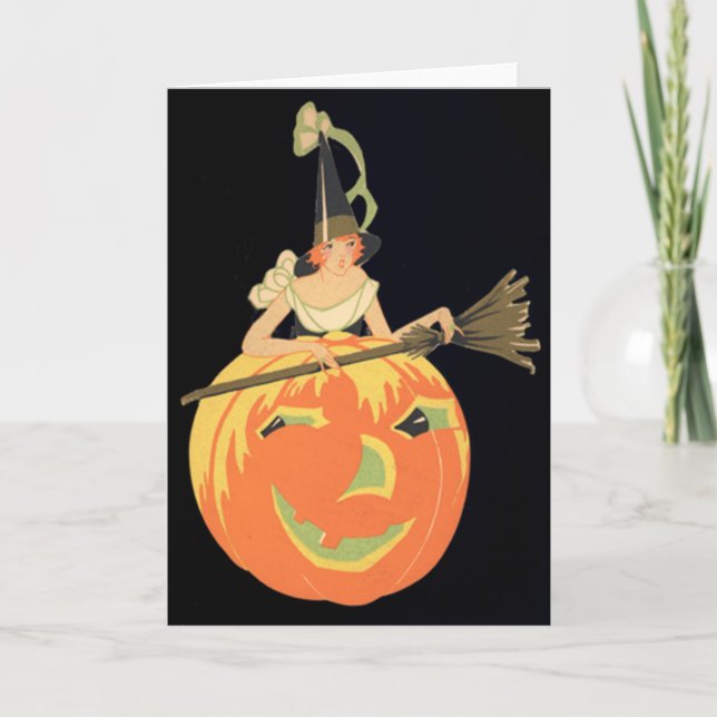 Cartão Art Deco Witch Jack O Lantern Pumpkin Broom (Frente)