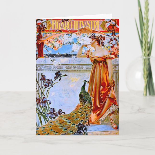 Cartão Art Nouveau Mulher e Pavão (Frente)