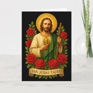 Cartão Arte Católica de São Judas Tadeu com Rosas Vermelh