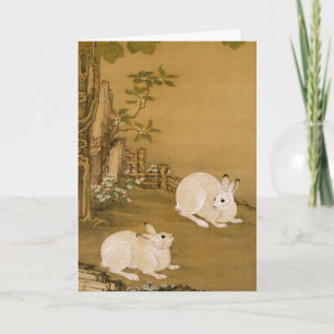 Cartão Arte Chinesa Vintage Pintura de Dois Coelhos Branc