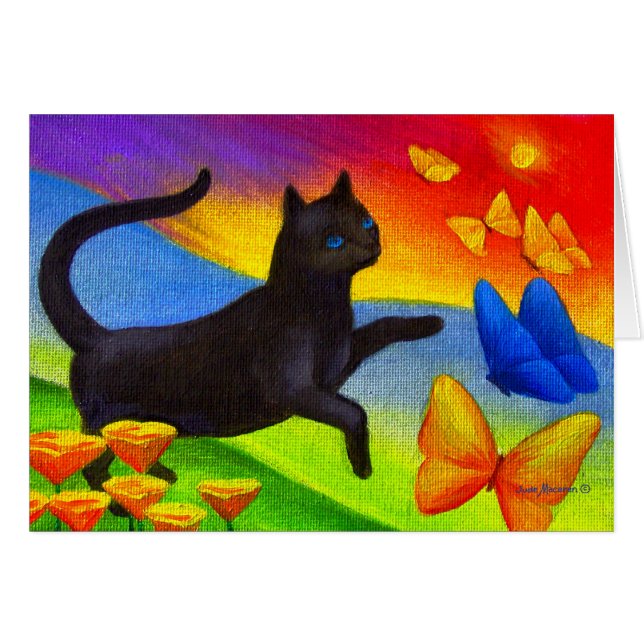 Cartão Arte das borboletas da pintura do gato preto - (Frente Horizontal)