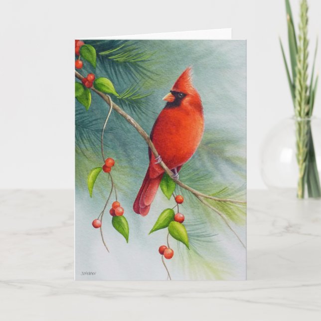 Cartão Arte de Aquarela Cardinal de Norte masculino (Frente)