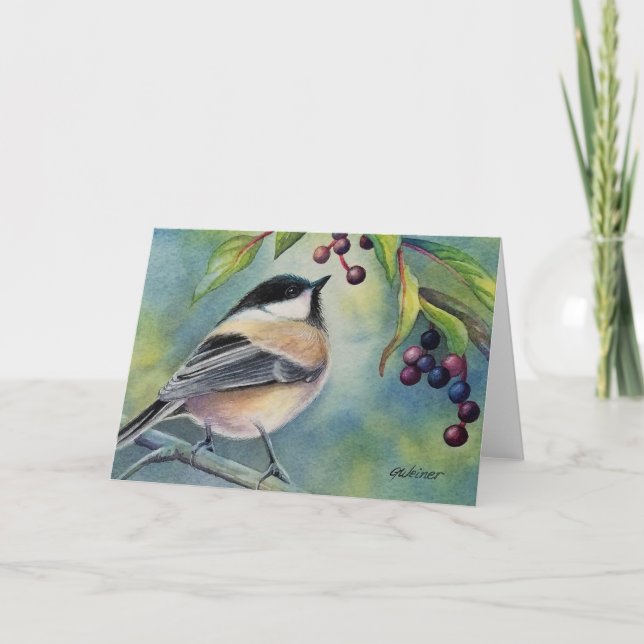 Cartão Arte de Aquarela Chickadee Bird com Capas Negras (Frente)