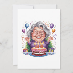 Cartão Arte de Bolo de Aniversário de Senhora Idosa Anima