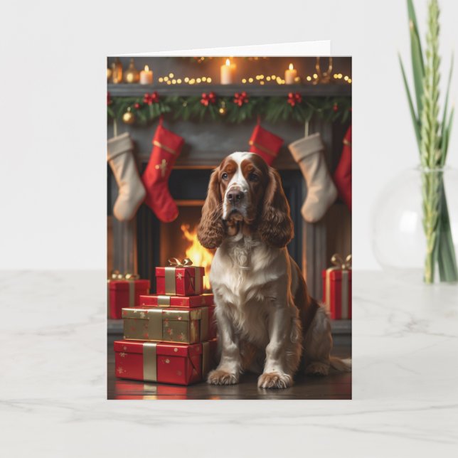 Cartão Arte de Cocker Spaniel no Natal junto à Lareira (Frente)