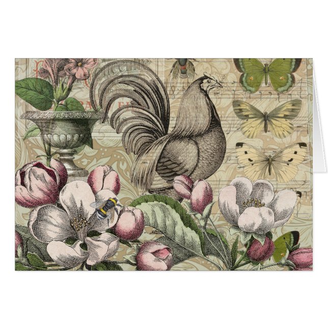 Cartão Arte de Colagem de Jardim com Galo Vintage: País F (Frente Horizontal)
