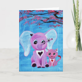 Cartão Arte de Flor de Cerejeira com Elefante Rosa e Gato