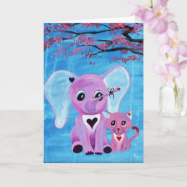 Cartão Arte de Flor de Cerejeira com Elefante Rosa e Gato