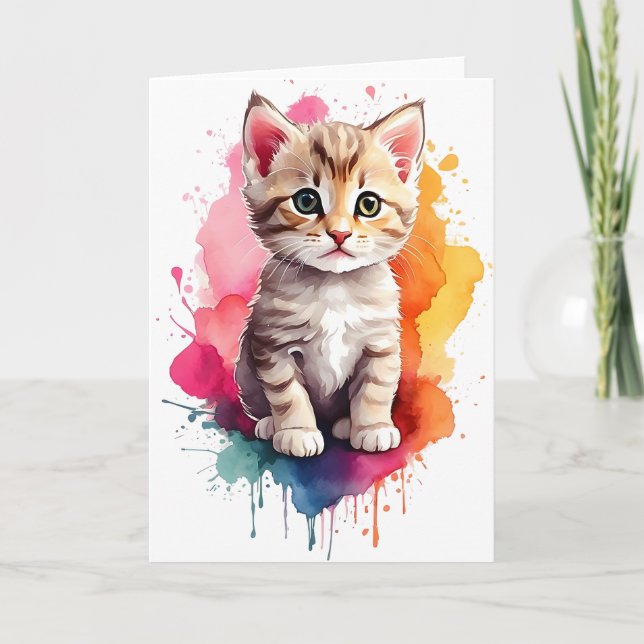 Cartão Arte de gato com respingos de aquarela Pintura bor (Frente)