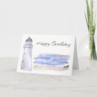 Cartão Arte de Lápis de Aquarela de Farol e Mar Aniversár