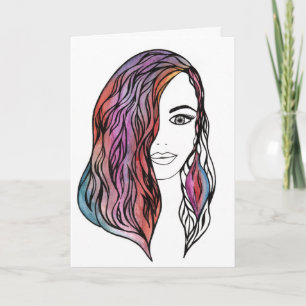 Cartão Arte de Linha Abstrata Rosto Feminino Cabelo Color
