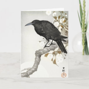 Cartão Arte de Ohara Koson: Corvo em Ramo de Flor de Cere