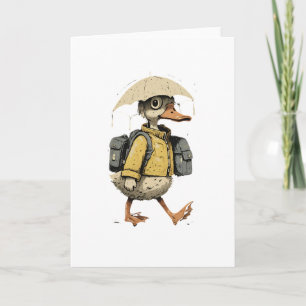 Cartão Arte de Pato Caprichoso Caminhando na Chuva