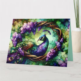 Cartão Arte de Rodapé Floral de Pavão em Vidro Colorido