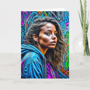 Cartão Arte de Rua Grafite Colorido Mulher Bonita em Bran