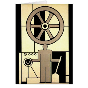 Cartão Arte Deco Vintage Roda de Negócios e Trabalhador d
