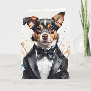 Cartão Arte em Aquarela Cachorro Fofo Smoking Gravata Bor