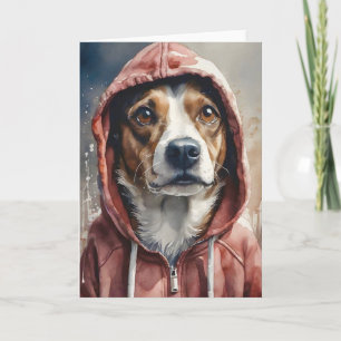 Cartão Arte em Aquarela Cachorro Marrom e Branco com Capu