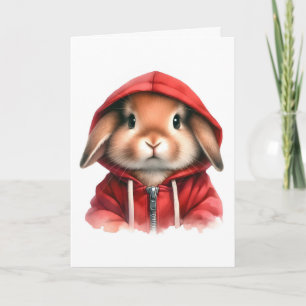 Cartão Arte em Aquarela Coelho Marrom com Capuz Vermelho