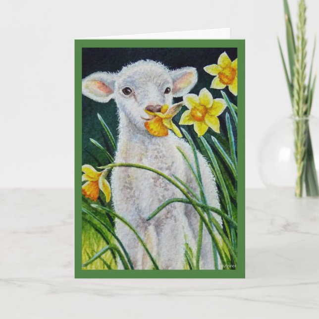 Cartão Arte em Aquarela: Cordeirinho e Narcisos da Primav (Frente)