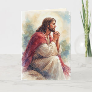 Cartão Arte em Aquarela de Jesus em Oração Fé Cristã