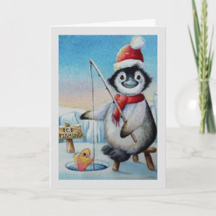 Cartão Arte em Aquarela de Pinguim Caçando Peixes com Fan