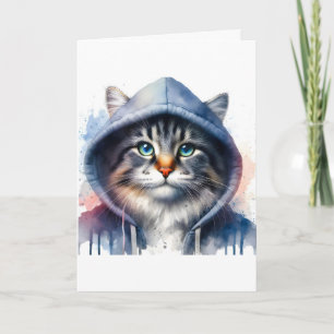 Cartão Arte em Aquarela Gato Listrado com Capuz Mancha