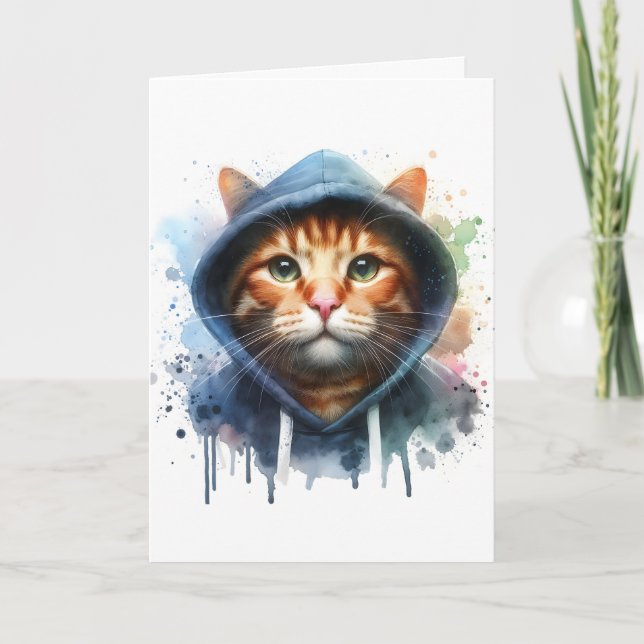 Cartão Arte em Aquarela Gato Malhado de Capuz Azul Mancha (Frente)