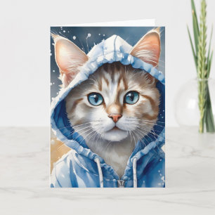 Cartão Arte em Aquarela Gato Persa Casaco Azul Mancha