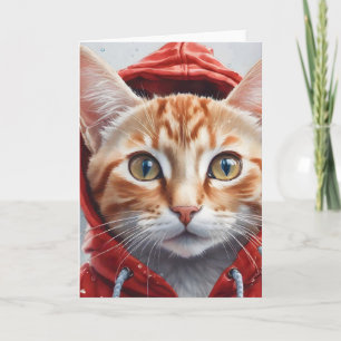 Cartão Arte em Aquarela Gato Tabby Laranja com Capuz Verm