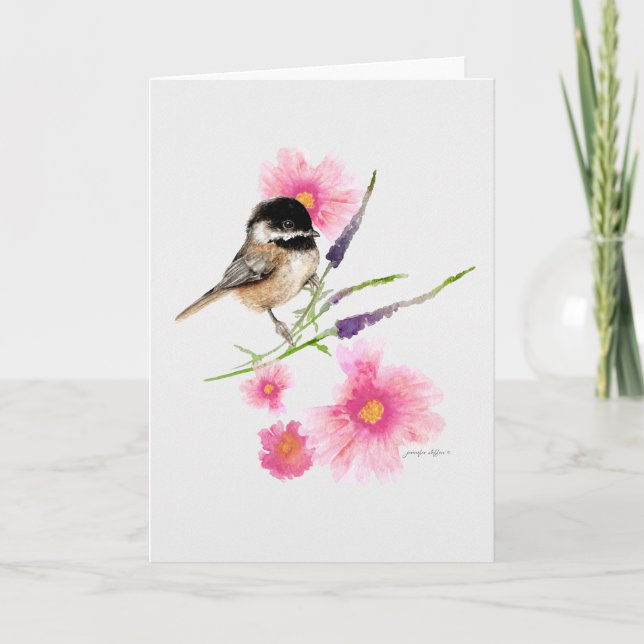 Cartão Arte em Aquarela Preta-Chickadee com Capas (Frente)