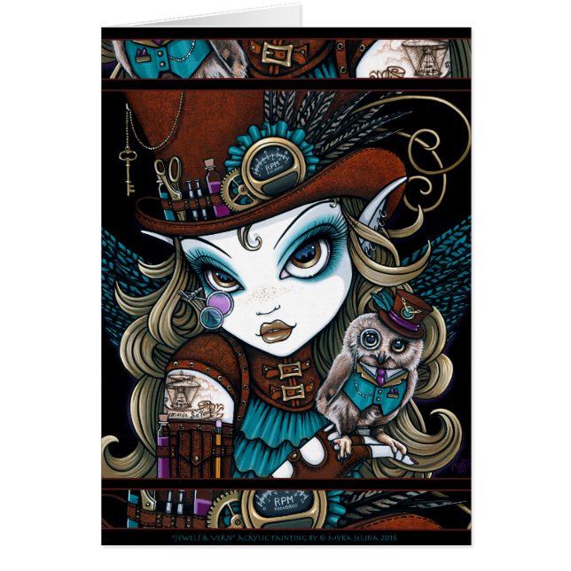 Cartão Arte familiar da fada das jóias da coruja do anjo (Frente)