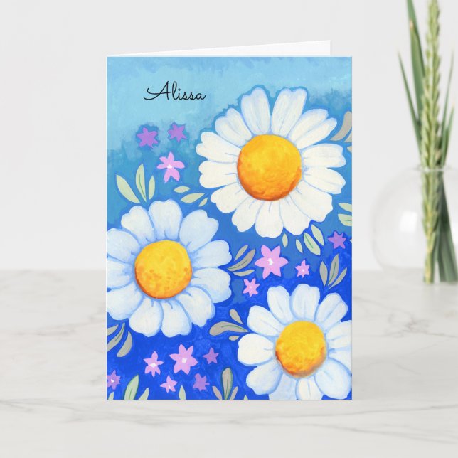 Cartão Arte Floral Pintada à Mão Daisies Feliz Aniversári (Frente)