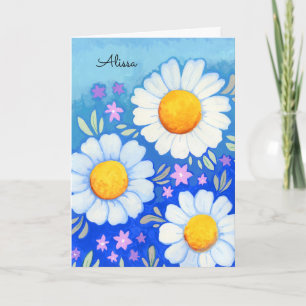 Cartão Arte Floral Pintada à Mão Daisies Feliz Aniversári